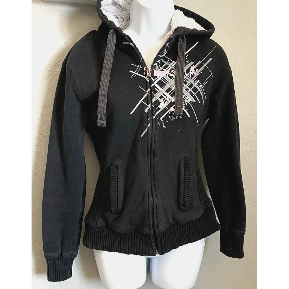 Klim Hoodie Full Zip Jacket Womens Medium Black Pink Ribbon Sherpa Lined Fleece